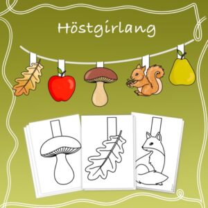 Höstgirlang med löv, äpple, svamp, ekorre och päron