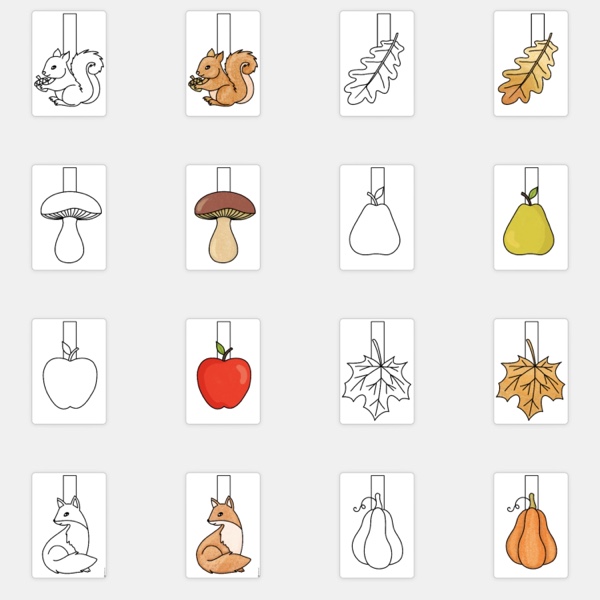 Målarbilder med ekorre, löv, räv, päron, äpple och pumpa