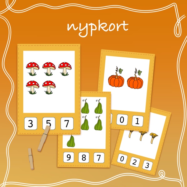 Fyra nypkort med svampar och pumpor med tre siffror på varje kort och två klädnypor som markerar rätt antal
