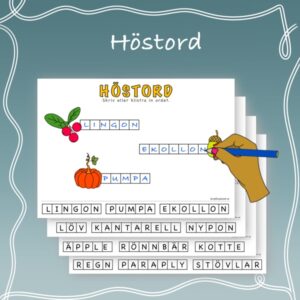 Arbetsblad med höstord: lingon, pumpa och ekollon