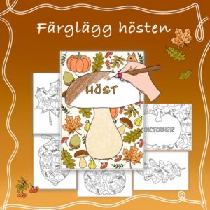 Målarbilder med höstmotiv med pumpor, löv, svampar, ekollon och rönnbär med texten 'höst' och 'oktober'