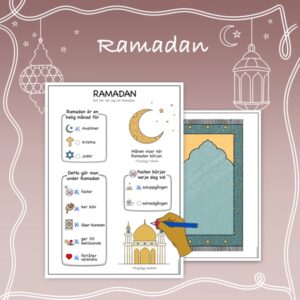 Illustration på ett faktablad om Ramadan och en målarbild på en bönematta.