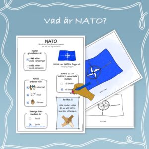 Illustration med faktablad om Nato och målarbild med Natos flagga.