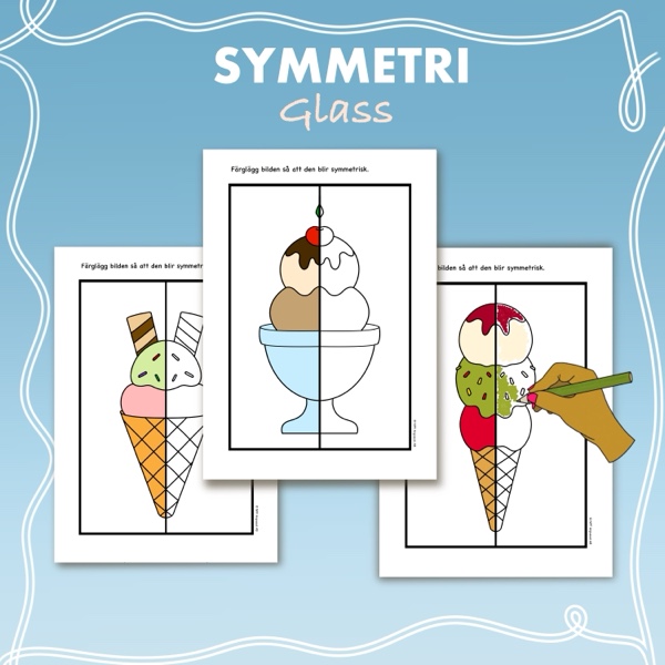Tre arbetsblad med glassmotiv där halva bilden är färdigmålad. Eleverna ska färglägga så att det blir symmetriskt.